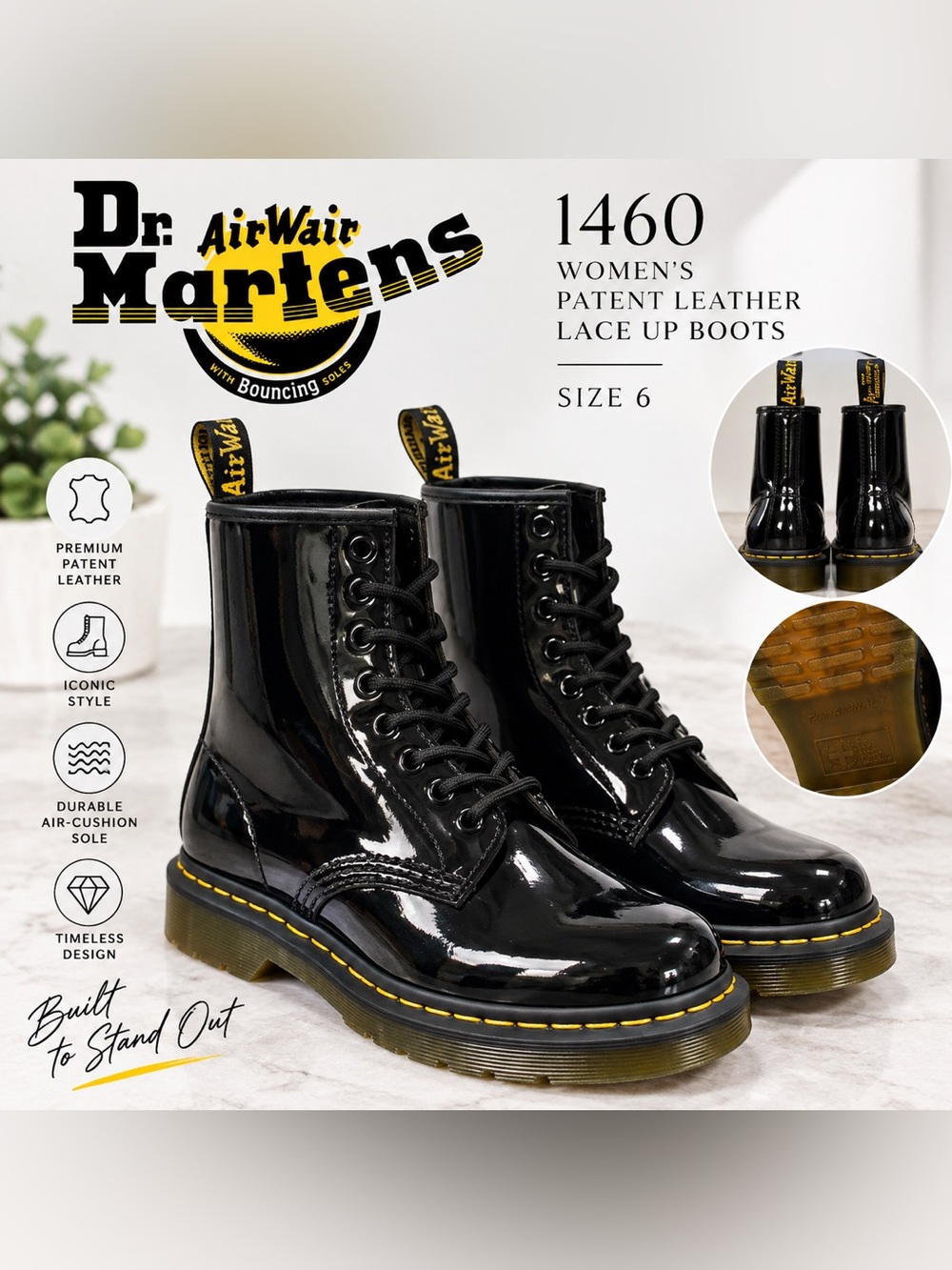 Dr. Martens 1460 Patent Leather Lace Up Boots Women’s Size 6 Black NWOT